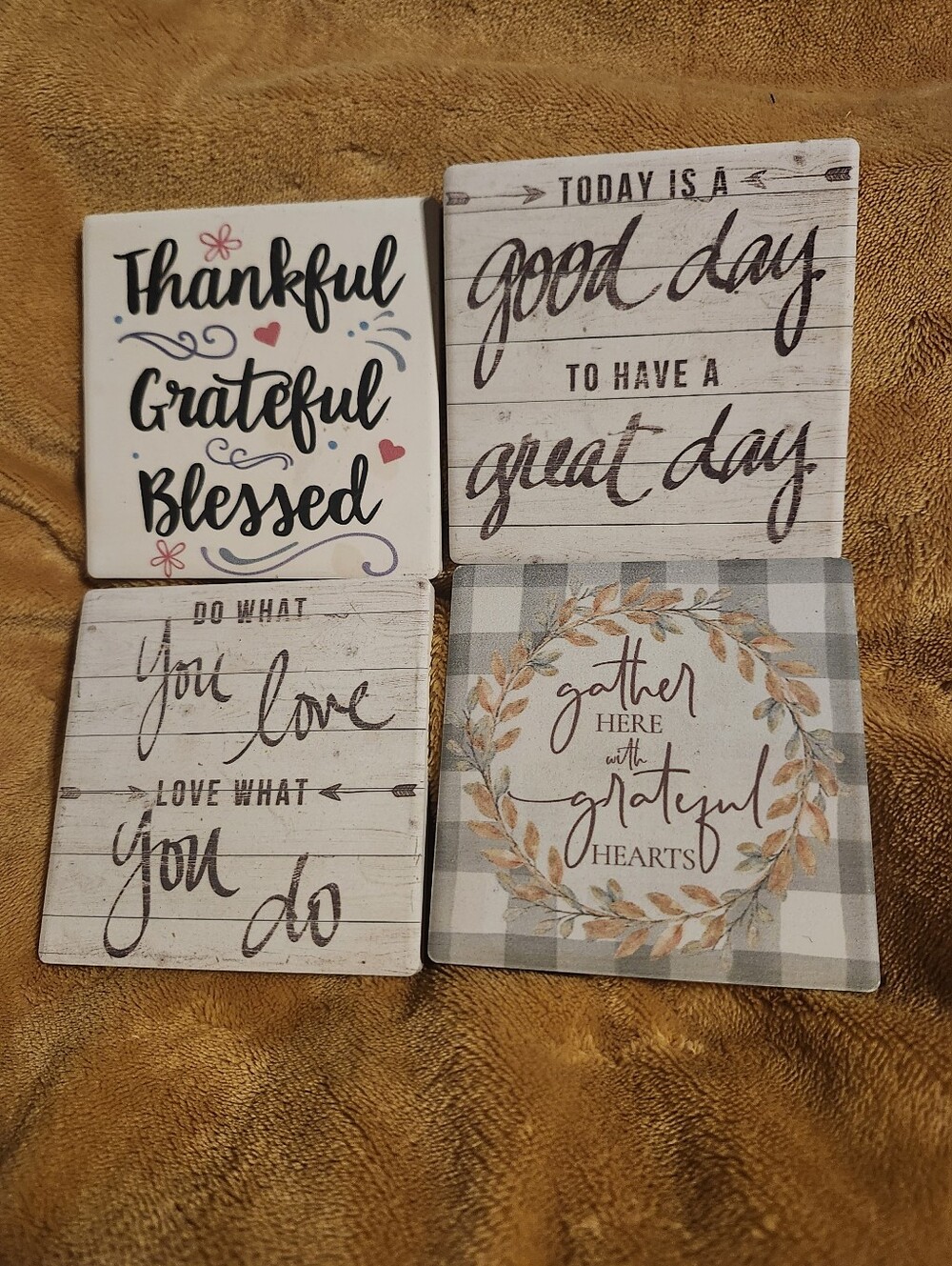 Set of 4 Rustic Inspirational Coasters- White, Gray, Tan